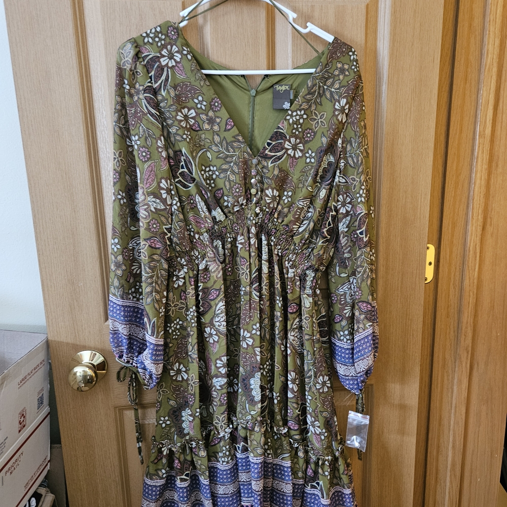 Taylor Olive and Lavender Floral Long Sleeve Dress